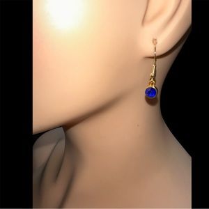 Faux Sapphire Wire Hook Earrings in Gold Tone